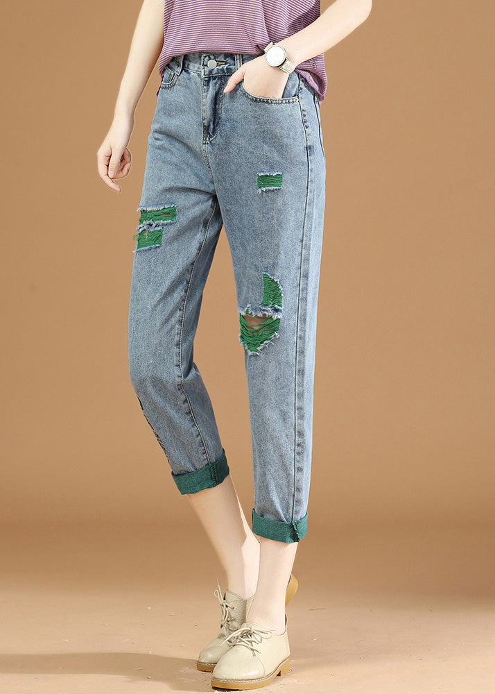 Femmes Green Graphic Print Patchwork High Taist Denim Crop Pantal Summer