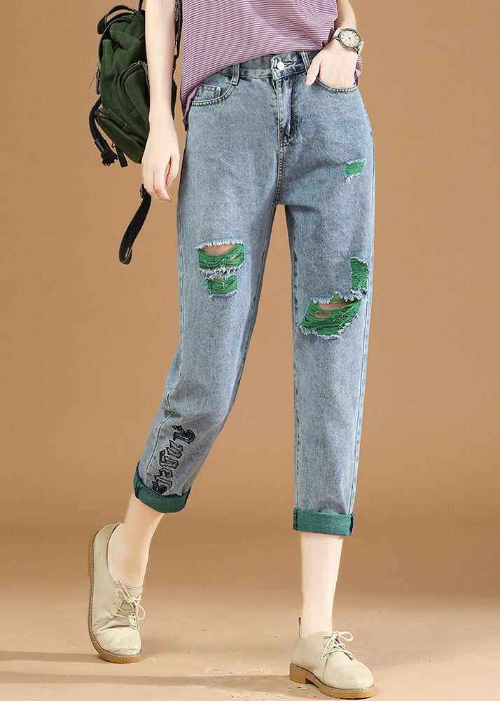 Femmes Green Graphic Print Patchwork High Taist Denim Crop Pantal Summer