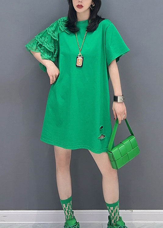 Women Green O Neck Lace Patchwork Cotton T Shirt Summer