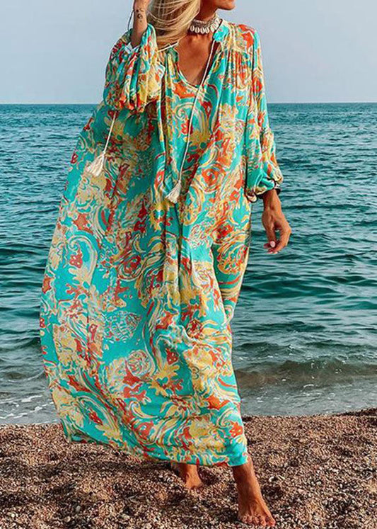 Women Green Oversized Print Cotton Loose Beach Dresses Long Sleeve