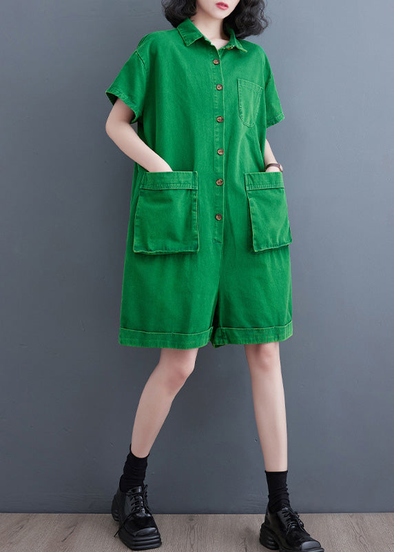 Femmes Green Peter Pan Collar Button Solid Denim Jumps Cuit Summer