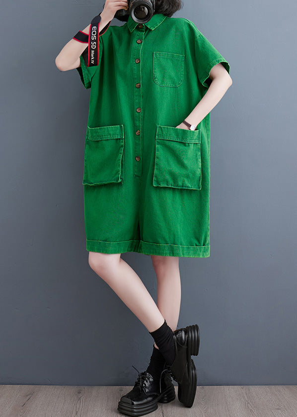 Femmes Green Peter Pan Collar Button Solid Denim Jumps Cuit Summer