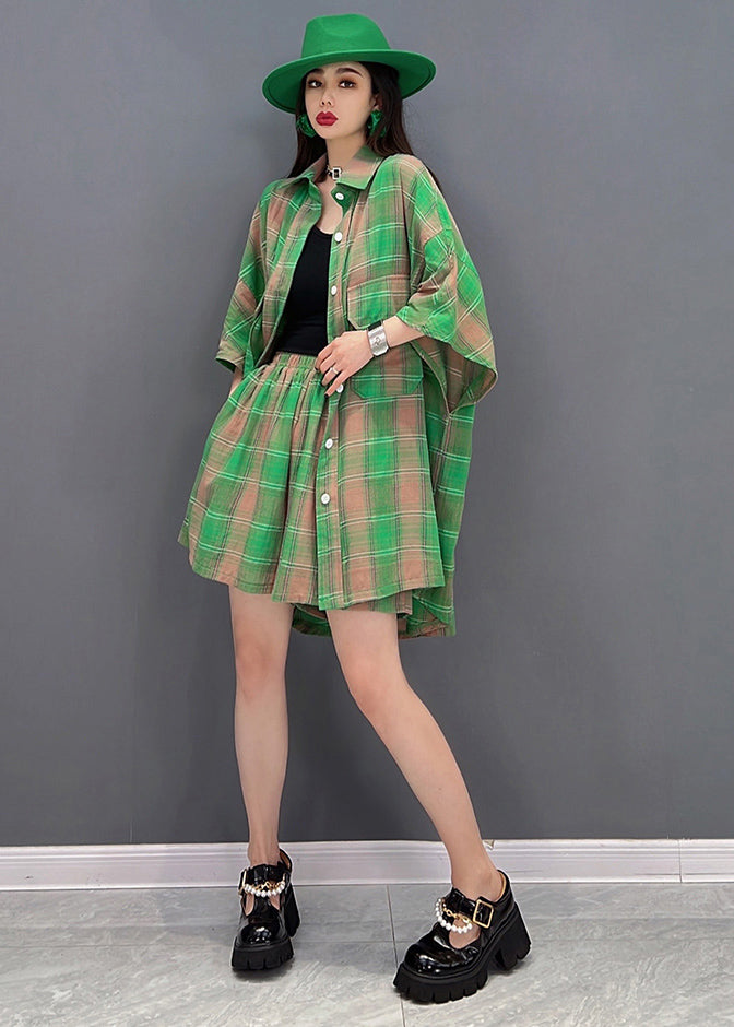 Women Green Plaid Pockets Cotton Linen Loose Shirt And Shorts Two Pieces Set Summer