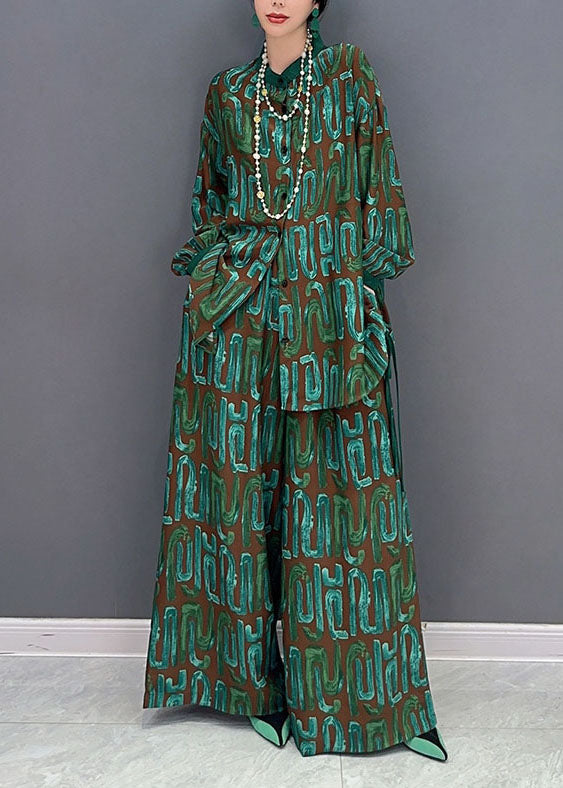 Femmes Green Print surdimensionné Side Open Open Silk Two Piece Set Printemps