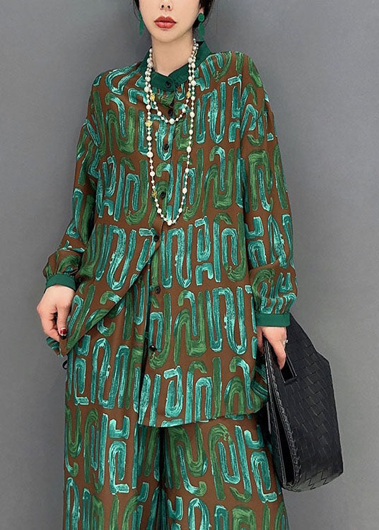 Femmes Green Print surdimensionné Side Open Open Silk Two Piece Set Printemps