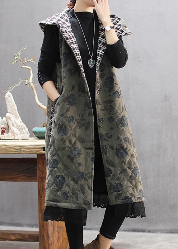 Women Green Print Winter Coats Casual Hooded Sleeveless Outwear - SooLinen