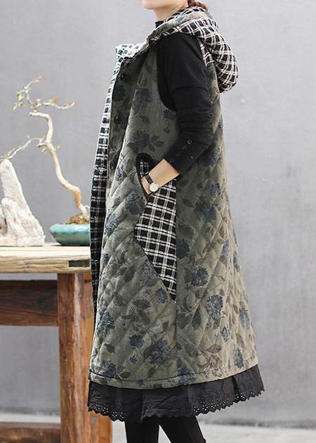 Women Green Print Winter Coats Casual Hooded Sleeveless Outwear - SooLinen