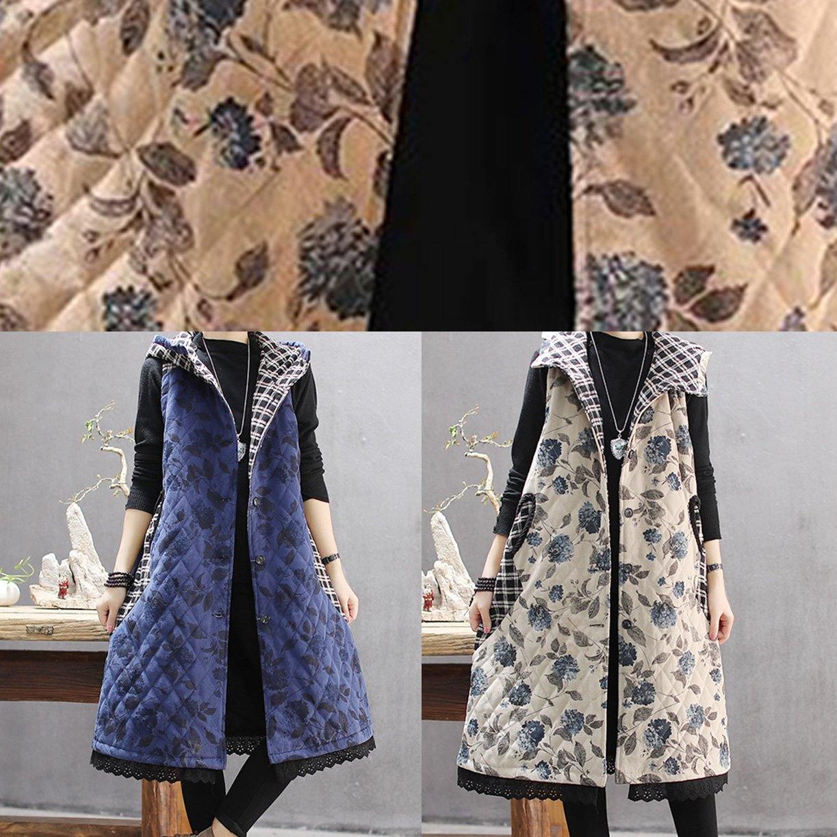 Women Green Print Winter Coats Casual Hooded Sleeveless Outwear - SooLinen