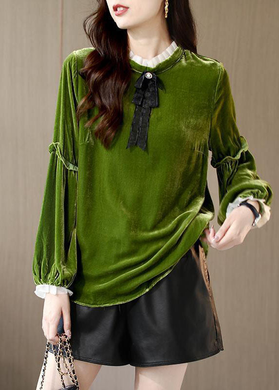 Femmes Green Ruffled Patchwork Velor Shirt Top printemps