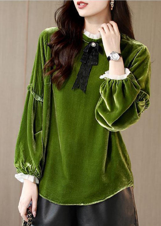 Femmes Green Ruffled Patchwork Velor Shirt Top printemps