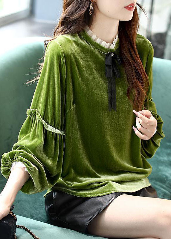 Femmes Green Ruffled Patchwork Velor Shirt Top printemps