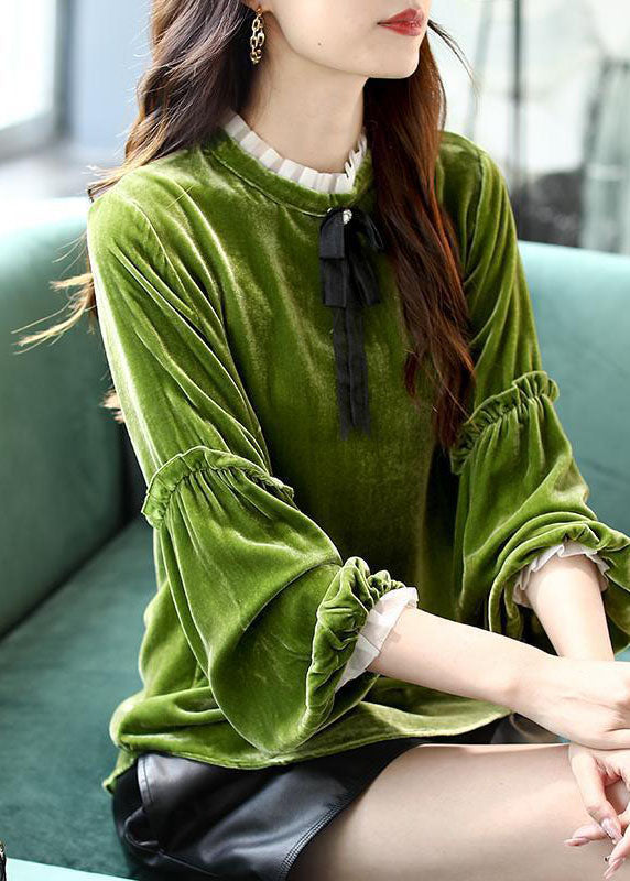 Femmes Green Ruffled Patchwork Velor Shirt Top printemps