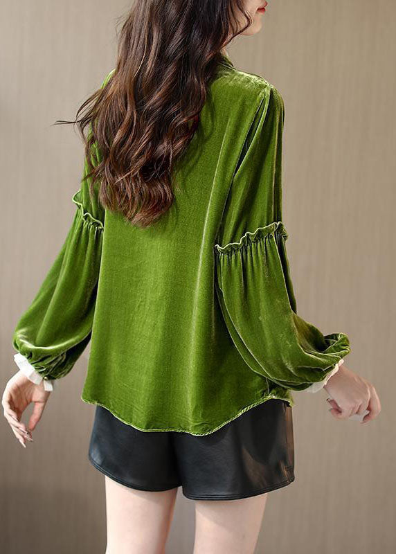 Femmes Green Ruffled Patchwork Velor Shirt Top printemps