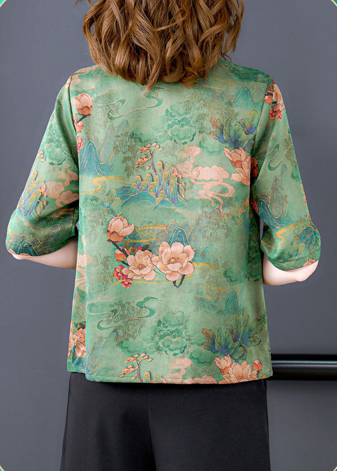 Women Green Stand Collar Embroideried Print Button Silk Blouse Tops Half Sleeve