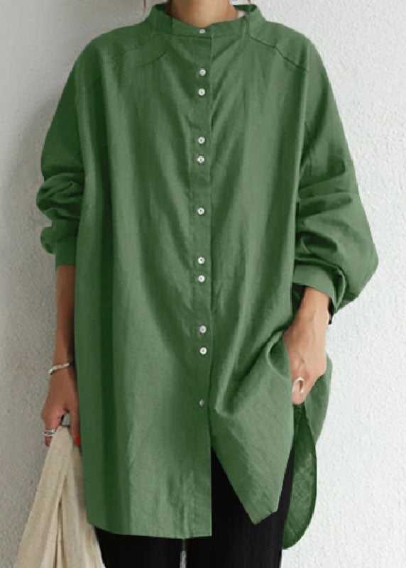 Femmes Green Stand Collar Patchwork Coton Shirt Tops Spring