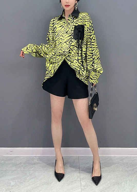 Women Green Zebra Pattern Patchwork Pocket Chiffon Tops Spring