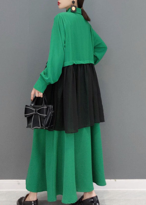 Women Green button Peter Pan Collar lace Patchwork shirt Dress spring