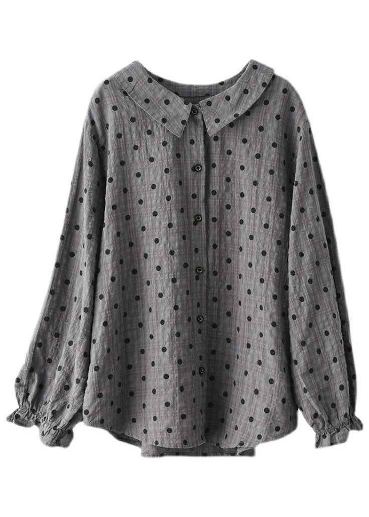 Women Grey Button Ruffled Dot Fall Shirt Tops Long sleeve