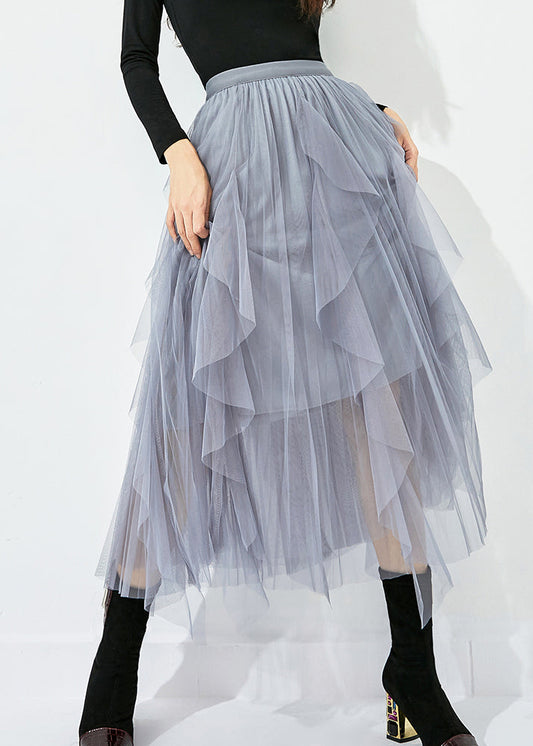 Women Grey Elastic Waist Exra Large Hem Tulle Skirt Summer