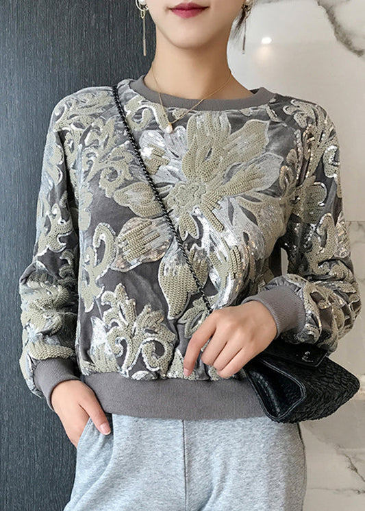 Women Grey O-Neck Embroideried Velour Sweatshirt Long Sleeve