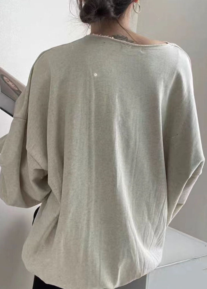 Femmes Gris O Neck Patchwork Coton Top Lantern Sleeve