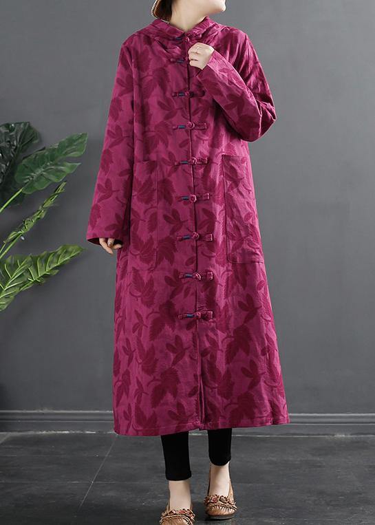 Women Hooded Chinese Button Rose Jacquard Robes Dress - SooLinen