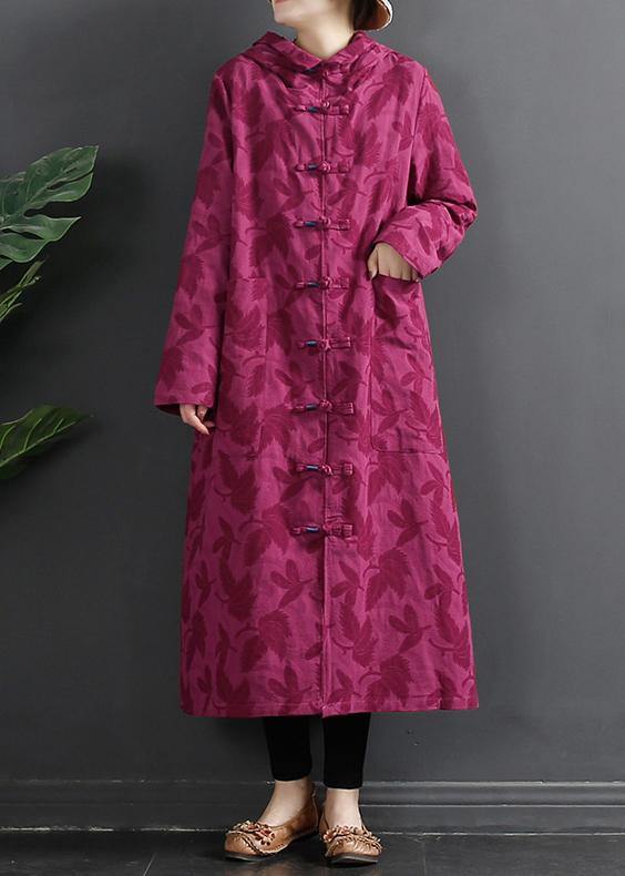 Women Hooded Chinese Button Rose Jacquard Robes Dress - SooLinen