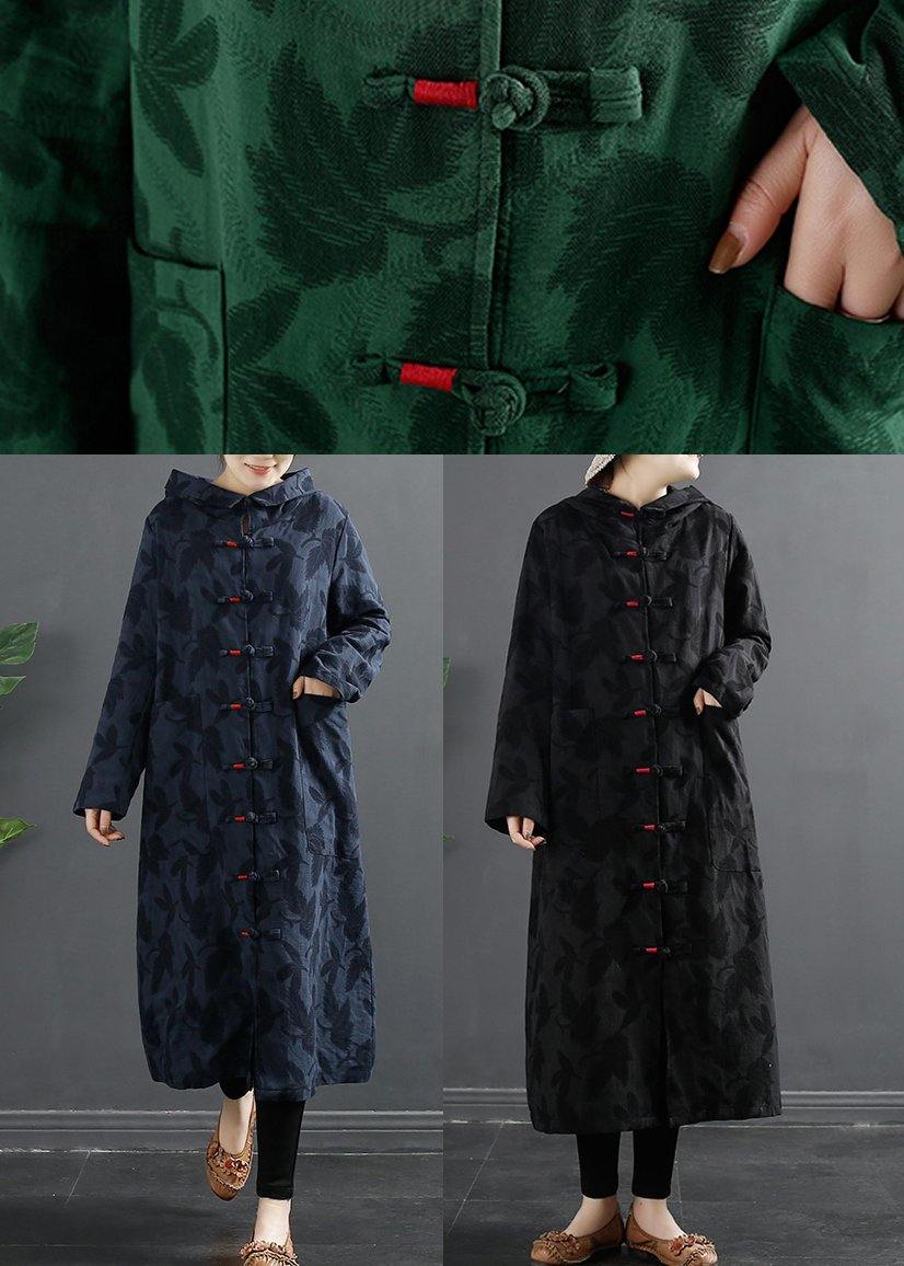 Women Hooded Chinese Button Rose Jacquard Robes Dress - SooLinen