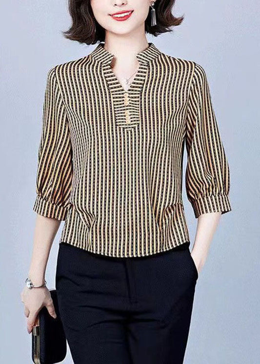 Femmes Khaki V Neck Stripe Silk Shirts Bracelet Sleeve