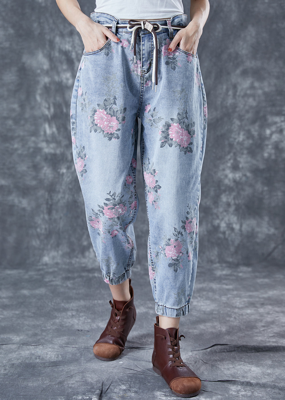 Femmes Blue Blue Elastic Print Imprime Denim Harem Pantalon Summer