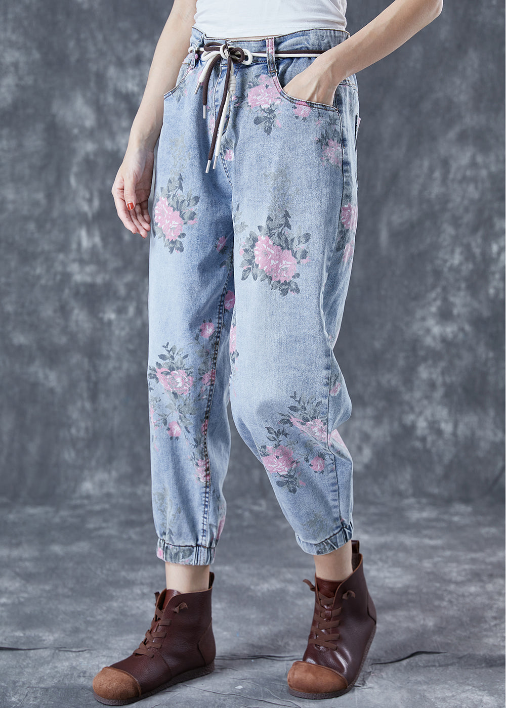 Femmes Blue Blue Elastic Print Imprime Denim Harem Pantalon Summer