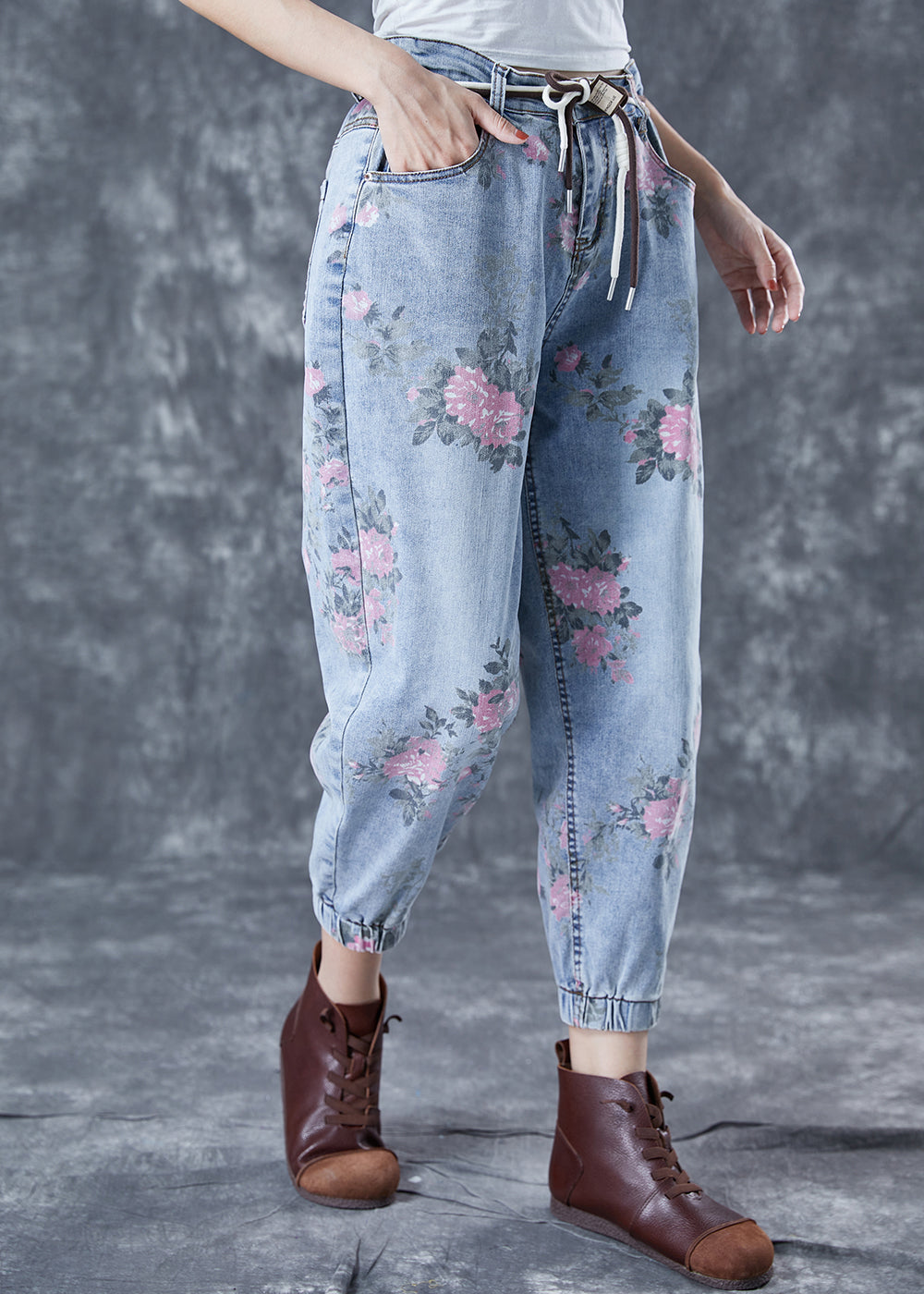 Femmes Blue Blue Elastic Print Imprime Denim Harem Pantalon Summer