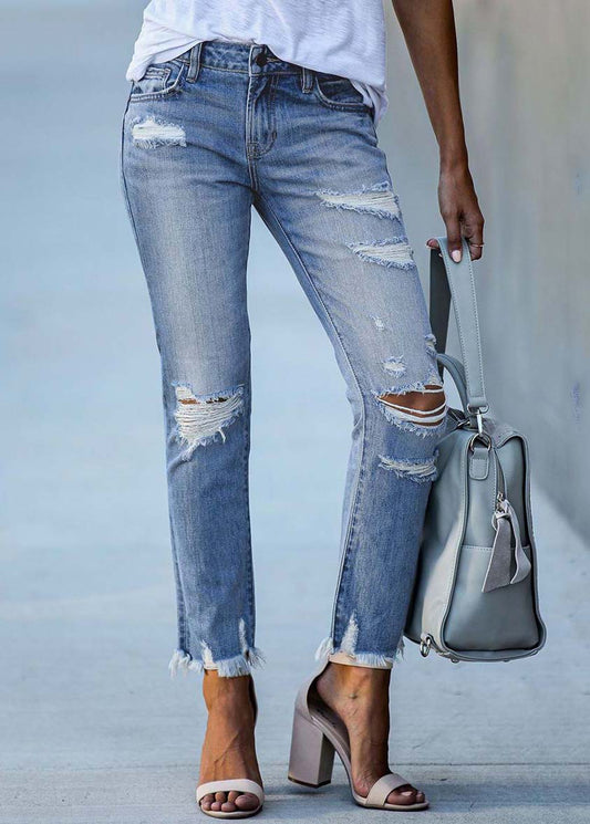 Women Light Blue High Waist Denim Ripped Pants Trousers Summer