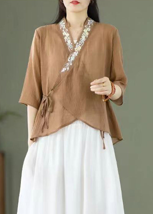 Femmes Light Coffee Broideried Lace Up Patchwork Coton Top Half Half Sleeve