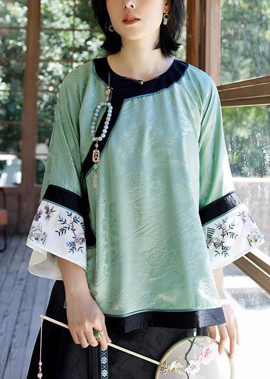 Femmes Green Light O Neck Patchwork Print Silk Shirt Tops Spring