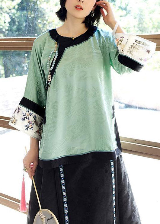 Femmes Green Light O Neck Patchwork Print Silk Shirt Tops Spring