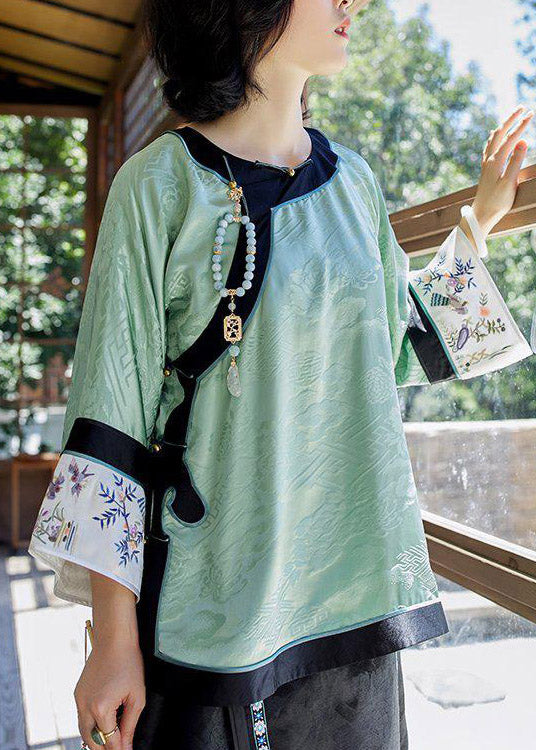 Femmes Green Light O Neck Patchwork Print Silk Shirt Tops Spring