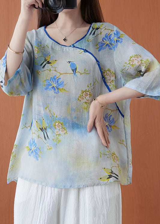 Women Light Green O-Neck Print Linen Blouses Half Sleeve