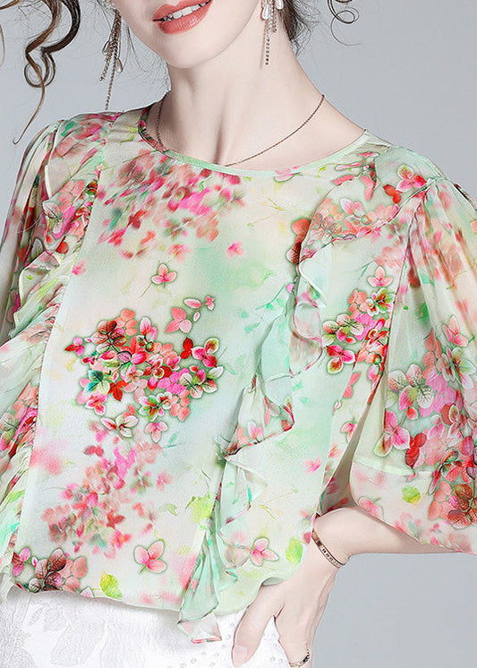 Women Light Green O-Neck Ruffled Print Silk Shirts Half Sleeve