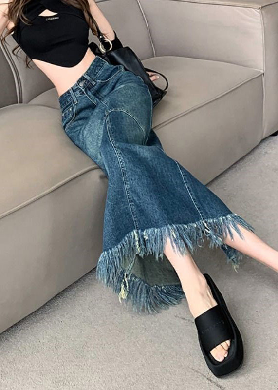 Femmes Navy High Waist Patchwork Patchew Tassel Denim Maxi jupes Summer