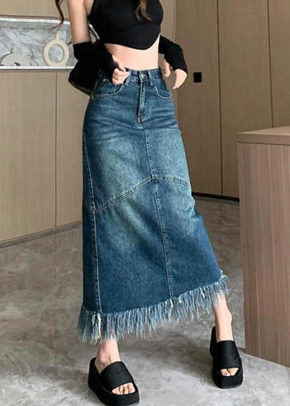 Femmes Navy High Waist Patchwork Patchew Tassel Denim Maxi jupes Summer