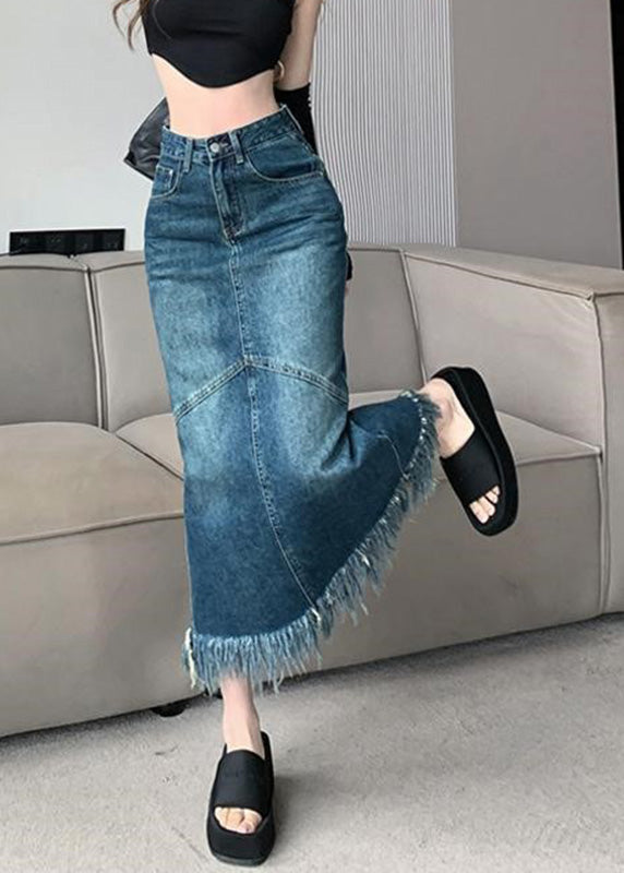 Femmes Navy High Waist Patchwork Patchew Tassel Denim Maxi jupes Summer