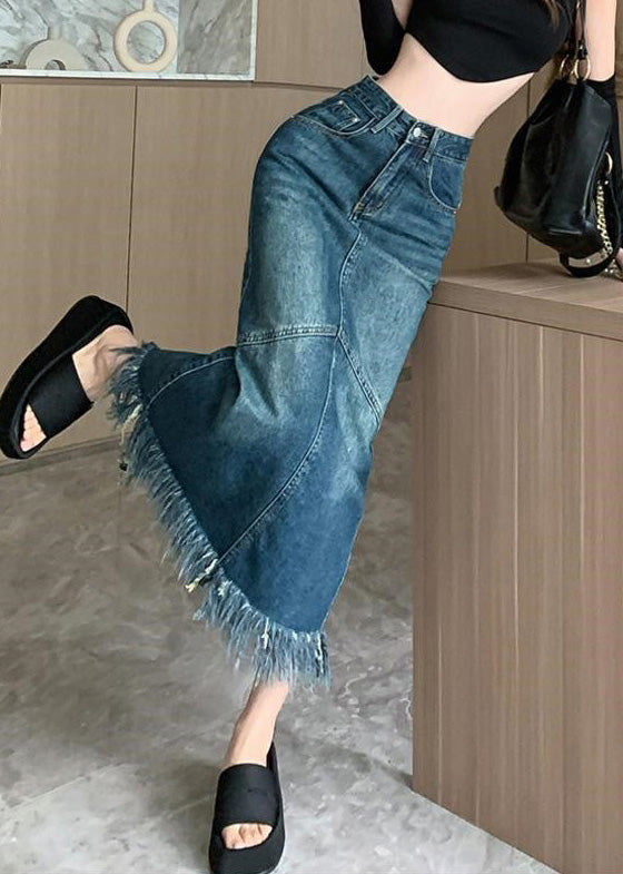 Femmes Navy High Waist Patchwork Patchew Tassel Denim Maxi jupes Summer