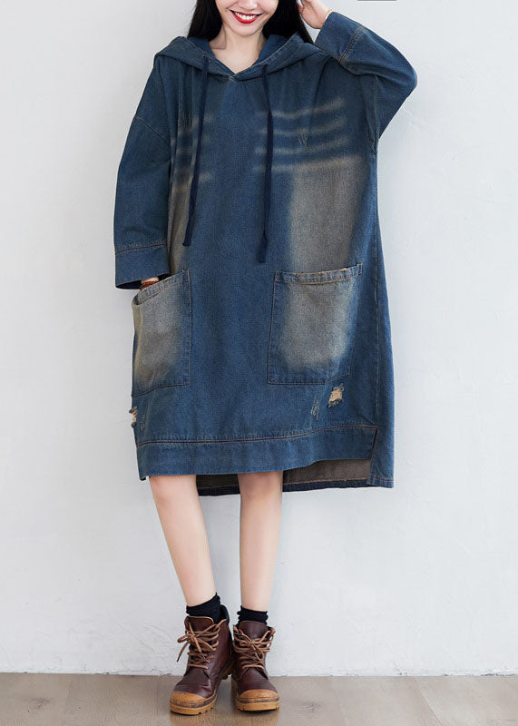 Femmes Navy Poches à capuche Patchwork Denim robes printemps