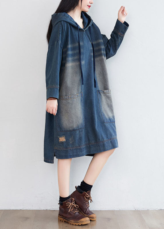 Femmes Navy Poches à capuche Patchwork Denim robes printemps