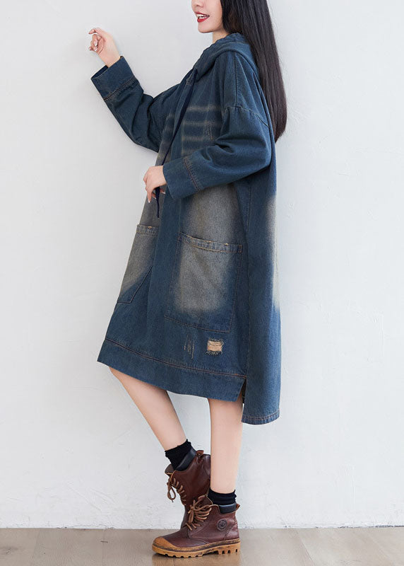 Femmes Navy Poches à capuche Patchwork Denim robes printemps