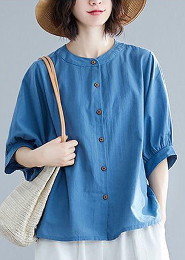 Women Navy O-Neck Button Linen Blouses Half Sleeve