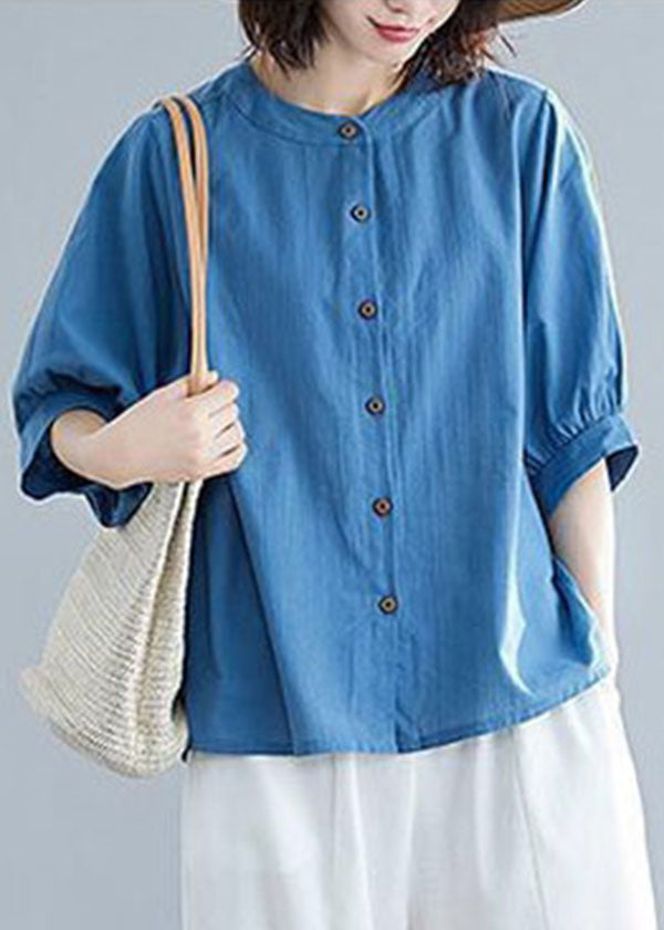 Women Navy O-Neck Button Linen Blouses Half Sleeve