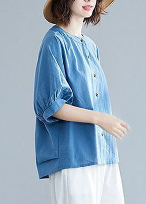 Women Navy O-Neck Button Linen Blouses Half Sleeve