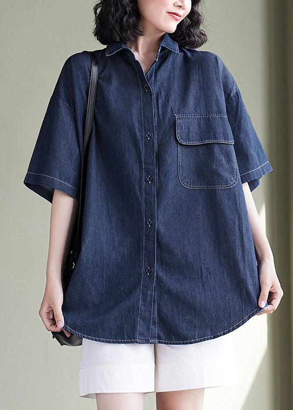 Femmes Navy Peter Pan Collar Patchwork Denim Shirt Top Summer